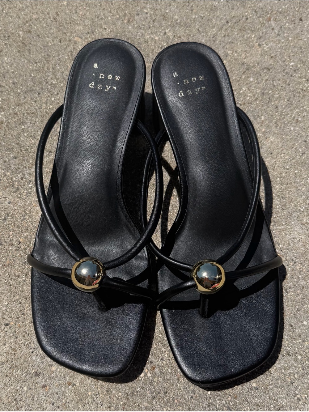 ( never worn ) A new day Black Strappy Slide Sandals with Gold Accent Ball